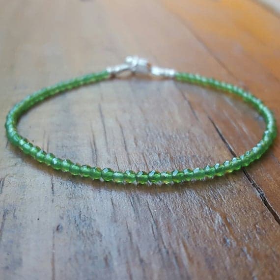 925 sterling silver Empath Protection 2mm Green Green Jade stacking Bracelet Round, Faceted 18cm for mens, womens, gf, bf and adults.