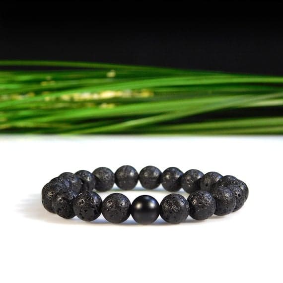 Grounding 8mm Stretchable Black Matte Onyx and Lava Rock Bracelet Round, Smooth 7" for mens, womens, gf, bf & Adult.