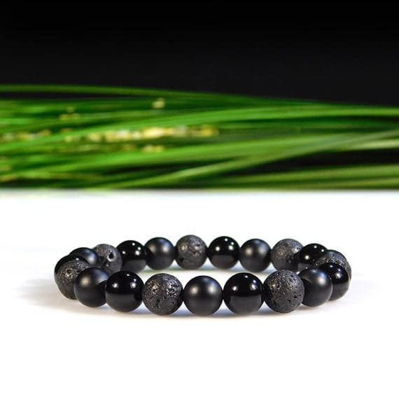 Empath Protection 8mm Stretchable Black Onyx and Lava  Bracelet Round, Smooth 7" for mens, womens, gf, bf & Adult.