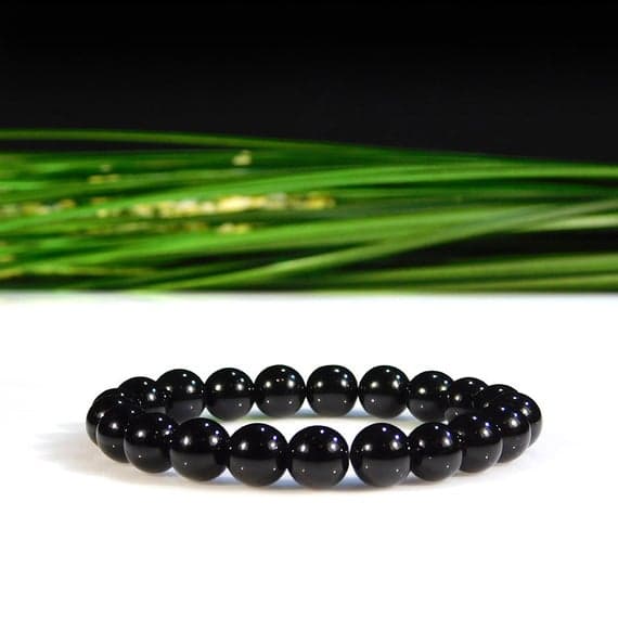 Natural 8mm Stretchable Black Onyx Bracelet Round, Smooth 7" for mens, womens, gf, bf & Adult.