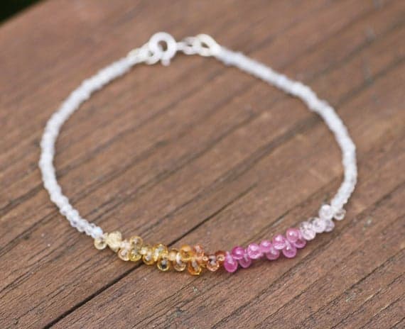 925 sterling Silver Handmade Beaded 3mm stacking Pink & Yellow Tiny Yellow and Pink Natural Sapphire Bracelet Drop & Rondelle, Faceted 7" for mens, womens, gf, bf & Adult.