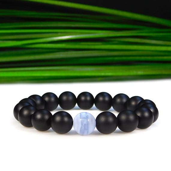 Galaxy Jewelry 10mm Stretchable Blue & Black Blue Lace Agate and Matte Onyx Bracelet Round, Smooth 7.5" for mens, womens, gf, bf & Adult.