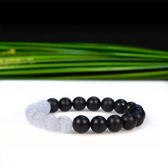 Blush Jewelry 8mm Stretchable Blue & Black Blue Lace Agate and Matte Onyx Bracelet Round, Smooth 7" for mens, womens, gf, bf & Adult.