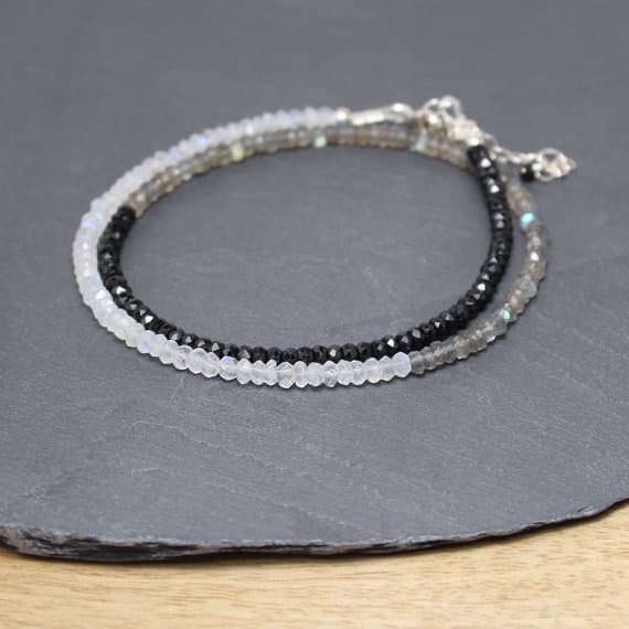 925 sterling Silver Personalized Gift 3.5mm stacking Multi Labradorite, Rainbow Moonstone & Black Spinel  Necklace Rondelle, Faceted 16" for mens, womens, gf, bf & Adult.