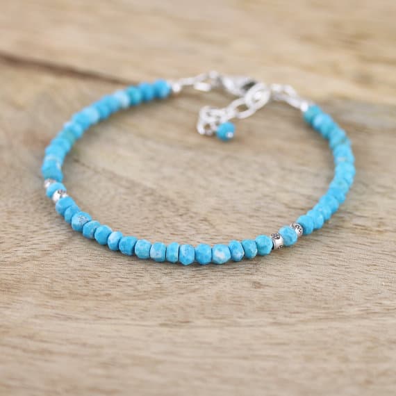 925 sterling Silver Natural Silver Helling 3.5mm stacking Blue Turquoise, Bracelet Rondelle, Faceted 7" for mens, womens, gf, bf & Adult.