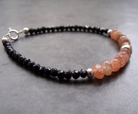 Sunstone Smooth Rondelles with Black Spinel Gemstone Hill Tribe Silver Stacking Beaded Bracelet 4mm  Code- WAR6505