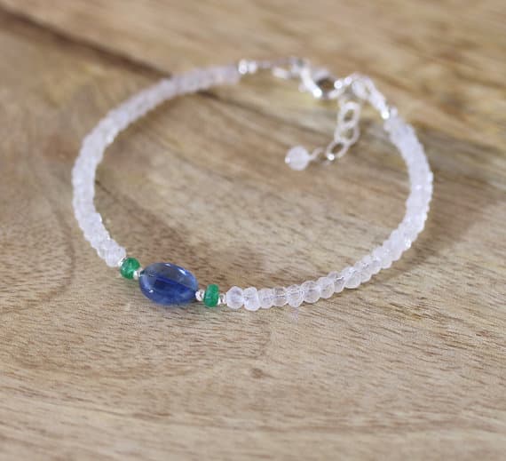 925 sterling Silver Handmade Beaded Silver Helling 3.5mm stacking Multi Kyanite, Zambian Emerald & Rainbow Moonstone Bracelet Rondelle, Faceted 7" for mens, womens, gf, bf & Adult.