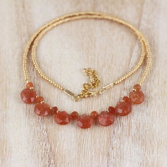 24k gold Plated Anxiety Gemstone Gold Helling 10mm stacking Orange Sunstone, Miyuki Seed Necklace Heart & Rondelle, Faceted 16" for mens, womens, gf, bf & Adult.