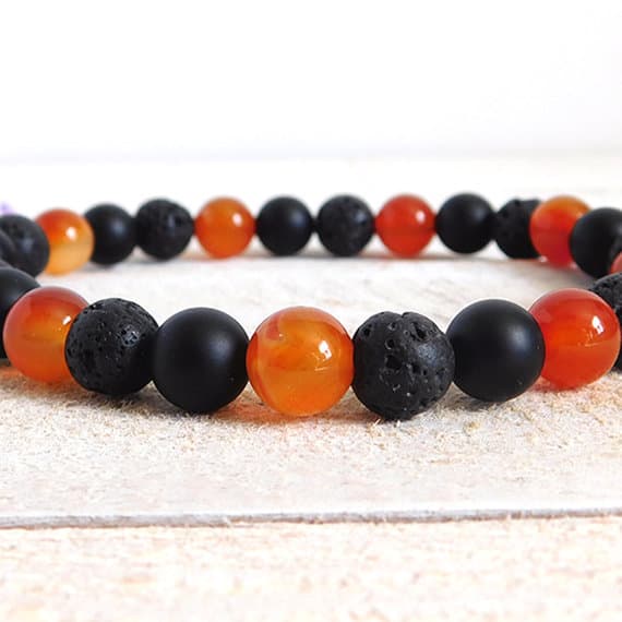 memorial gift 10mm Stretchable Black & Orange Carnelian, Onyx, and Lava Rock Bracelet Round, Smooth 7.5" for mens, womens, gf, bf & Adult.