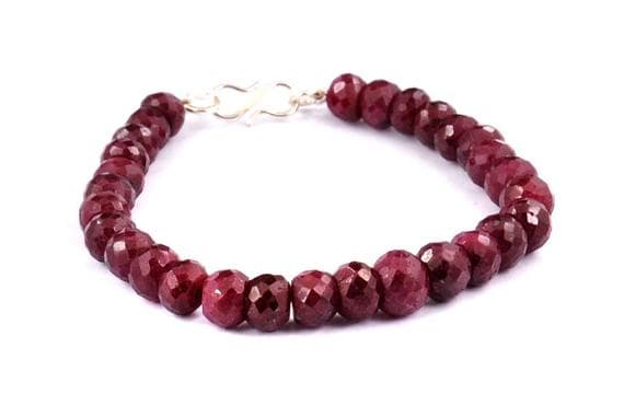 925 steling silver Handmade Beaded 8-9mm Stracking red African Ruby Bracelet Rondelle, Faceted 7" for mens, womens, GF, BF, Adults.