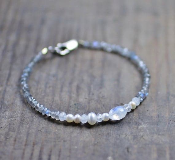 925 sterling silver memorial gift 6-7mm Multi Colour Labradorite, Pearl & Moonstone stacking Bracelet Rondelle,Round, Faceted 18cm for mens, womens, gf, bf and adults.