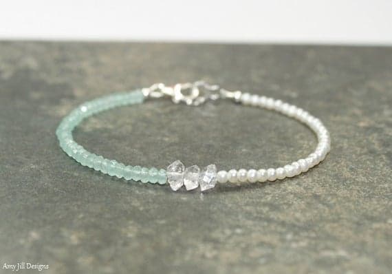 925 sterling Silver Grounding 3-8mm stacking Aqua & White Herkimer Diamond, Aqua Chalcedony & Pearl Bracelet Round & Rondelle, Faceted & Smooth 7" for mens, womens, gf, bf & Adult.