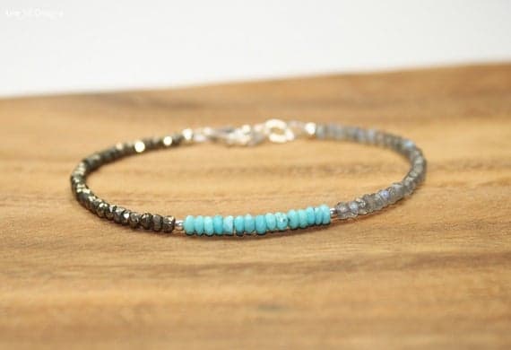 925 sterling Silver top quality Silver helling 3-3.5mm stacking Multi Turquoise, Labradorite & Pyrite Bracelet Rondelle, Faceted 7" for mens, womens, gf, bf & Adult.