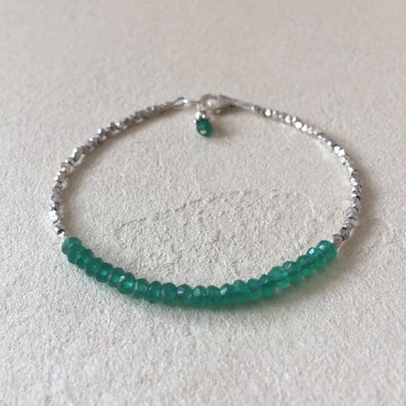 Green Onyx Karen Hill Tribe Thai Silver Beaded Bracelet with Dangle, Sundance Style, Boho Stack Bracelet, Layering Bracelet 3-4mm Code- WAR6392