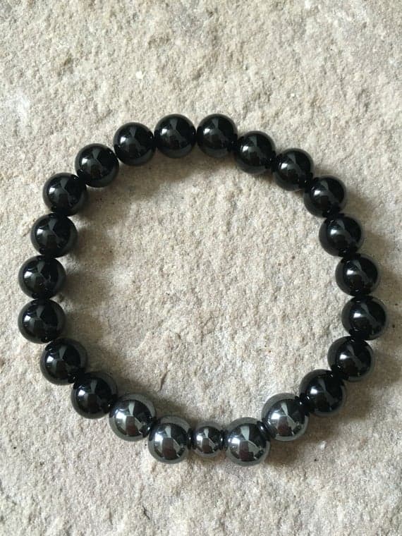 Handmade Beaded 8mm Multi Colour Black Onyx & hematite  Stretchable Bracelet Round, Smooth 18cm for mens, womens, gf, bf and adults.