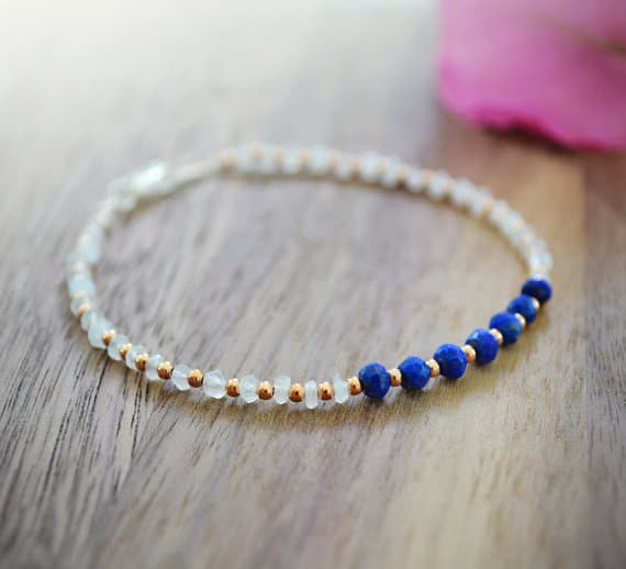 925 steling silver Empath Protection,gold helling 4 mm Stracking white & blue rainbow moonstone and lapis lazuli  Bracelet Rondelle, Faceted 7" for mens, womens, GF, BF, Adults.