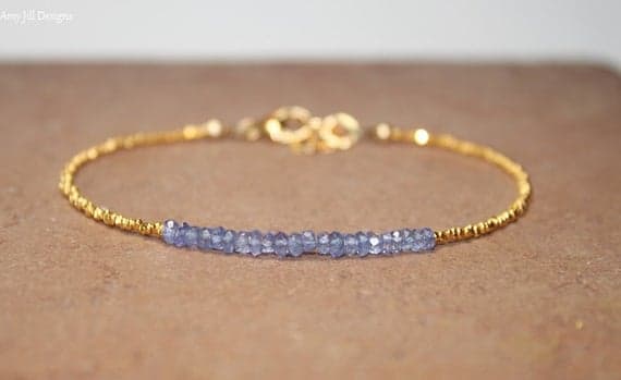 24k gold Plated good luck gift Gold Helling 3mm stacking Blue Tanzanite Bracelet Rondelle, Faceted 7" for mens, womens, gf, bf & Adult.
