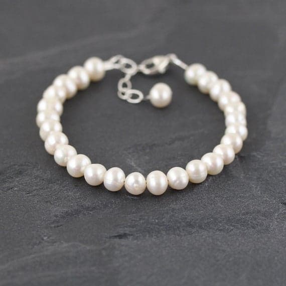 925 sterling Silver Artisan Loose 6-7mm stacking White Freshwater Pearl Bracelet Round, Smooth 7" for mens, womens, gf, bf & Adult.