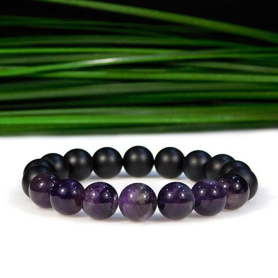 Handmade Beaded 10mm Stretchable Black & Purple Amethyst and Matte Onyx Bracelet Round, Smooth 7.5" for mens, womens, gf, bf & Adult.