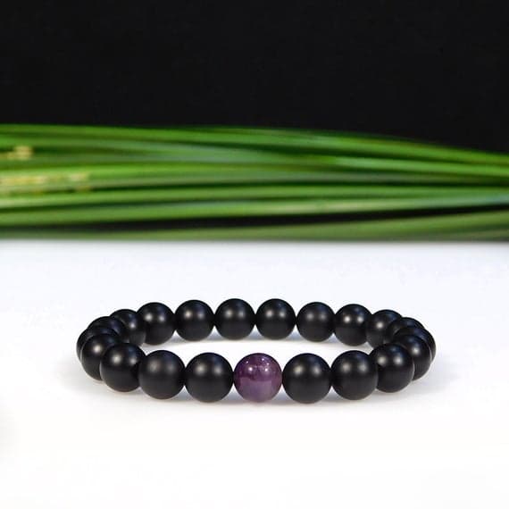 Artisan Loose 8mm Stretchable Black & Purple Amethyst and Matte Onyx Bracelet Round, Smooth 7" for mens, womens, gf, bf & Adult.