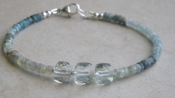 925 sterling Silver memorial gift 3.5-4mm stacking Multi Prasiolite, Amethyst, Moss Green Aquamarine Bracelet Box & Rindelle, Faceted 7" for mens, womens, gf, bf & Adult.