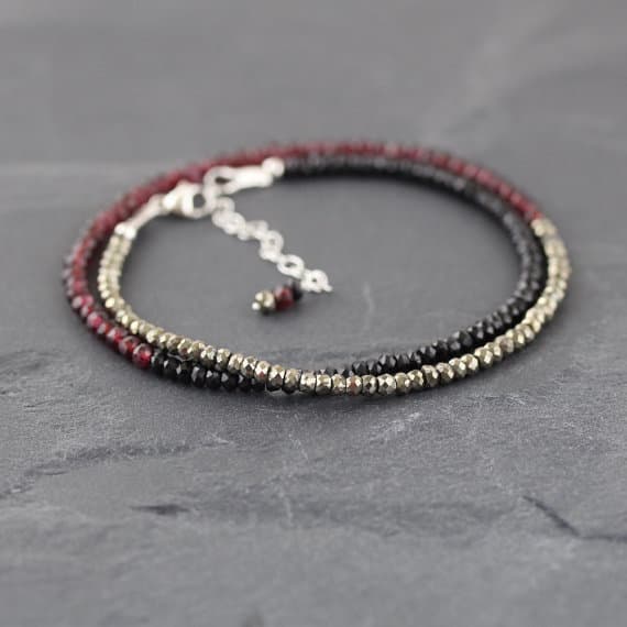 925 sterling Silver Empath Protection 3-3.5mm stacking Multi Rhodolite Garnet, Black Spinel, Pyrite  Necklace Rondelle, Faceted 16" for mens, womens, gf, bf & Adult.
