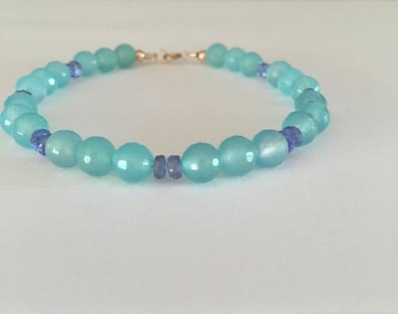 Tanzanite bracelet chalcedony beaded bracelet 14k rose gold gemstone bracelet, tanzanite stackable bracelet chalcedony luxury bracelet gift 3-6mm Code- WAR6348