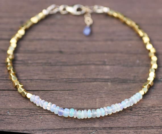 24k gold Plated Bridesmaid Jewelry Gold Helling 3-4mm stacking White Ethiopian Wello Opal Bracelet Rondelle, Smooth 7" for mens, womens, gf, bf & Adult.