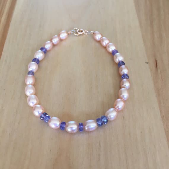 Blush pearls, fresh water pearls, natural pearls, natural tanzanite, bridal jewelry, wedding bracelet, 14 karat rose gold, anniversary gift 3mm  Code- WAR6320