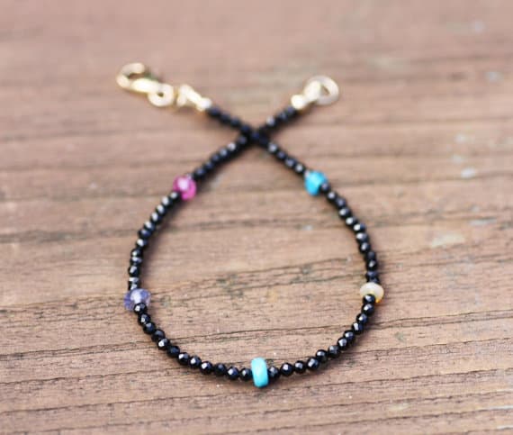 24k gold Plated Anxiety Relief Calming 3-7mm stacking Multi Natural Black Spinel and Multi Gem Bracelet Round & Rondelle, Faceted 7" for mens, womens, gf, bf & Adult.