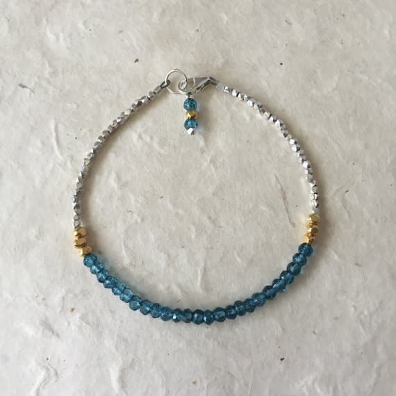 London Blue Quartz Karen Hill Tribe Thai Silver Beaded Bracelet with Dangle, Sundance Style, Boho Stack Bracelet 3-4mm Code- WAR6443
