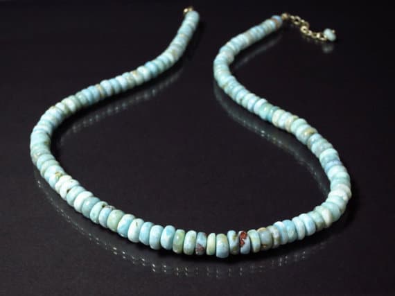 925 sterling Silver Personalized Gift 6mm stacking Sky Blue Larimar Necklace Rondelle, Smooth 17" for mens, womens.