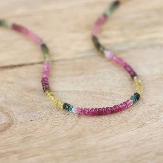 925 sterling Silver Galaxy Jewelry 3.5mm stacking Multi Tourmaline Necklace Rondelle, Faceted 16" for mens, womens, gf, bf & Adult.