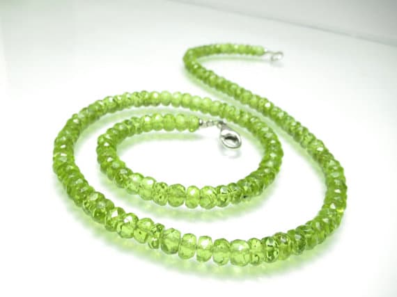 925 sterling Silver Handmade Beaded 4mm stacking Green Peridot Necklace Rondelle, Faceted 17" for mens, womens.