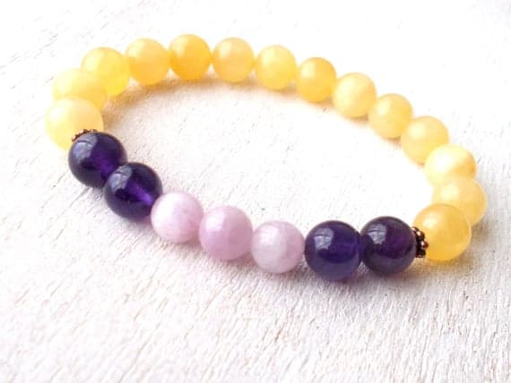 Healing Crystal Bracelet, Yellow Calcite Bracelet, Kunzite Jewelry, Yoga Bracelet, Solar Plexus & Heart Chakra Meditation Bracelet Amethyst 5-6mm Code- WAR6857
