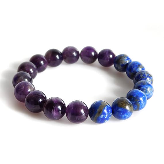 Empath Protection 10mm Stretchable Blue & Purple Amethyst and Lapis Lazuli Bracelet Round, Smooth 7.5" for mens, womens, gf, bf & Adult.