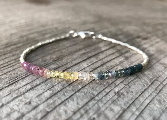 AAA++ Rare Quality Multi Sapphire and faceted Karen Hill Tribe Silver Plated Beads Bracelet, Beaded bracelet, Gemstone bracelet, September Birthstone bracelet 2.5 mm Code- TJH20