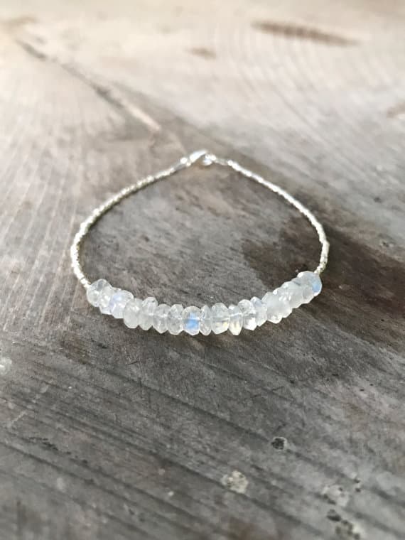 AAA++ Rare Quality Rainbow Moonstone and Karen Hill Tribe Silver Plated Bracelet , Beaded Gemstone Bracelet 4-5 mm Code- TJH26