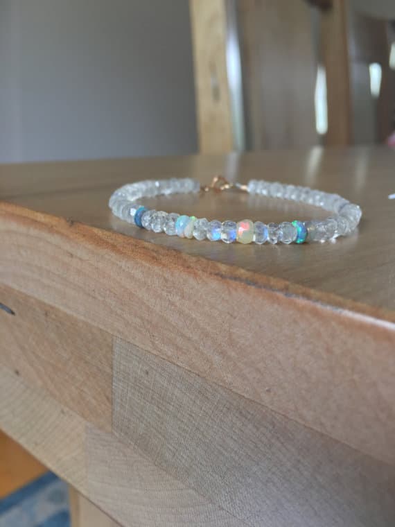 Crystal moonstone, moonstone bracelet, rainbow moonstone bracelet, fine jewelry, Opal bracelet, Australian Opal, 14k white gold, moonstone 3-4mm Code- WAR6325