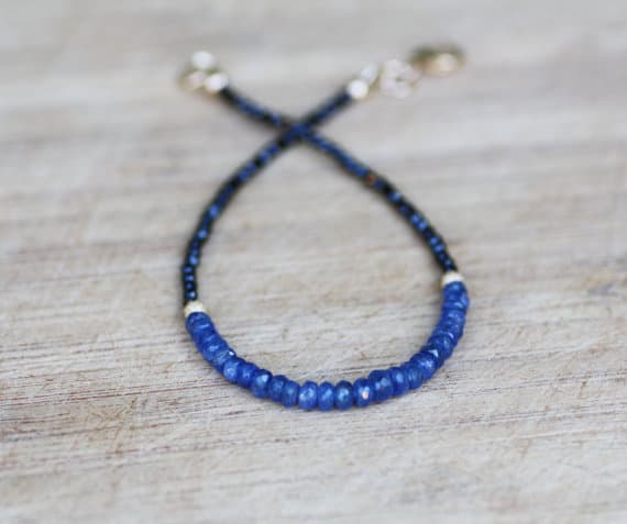 925 sterling Silver good luck gift Silver Helling 3-4mm stacking Blue Natural Black Spinel and Burma Sapphire Bracelet Rondelle, Faceted 7" for mens, womens, gf, bf & Adult.