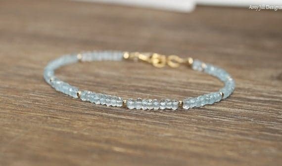 24k gold Plated Empath Protection Gold Helling 3mm stacking Aqua Aquamarine Bracelet Rondelle, Faceted 7" for mens, womens, gf, bf & Adult.