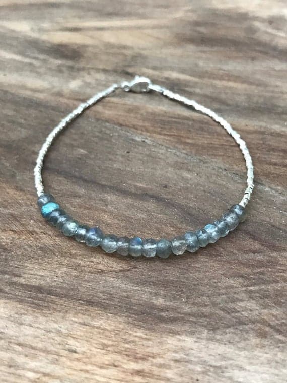 AAA++ Rare Quality Blue Fire Labradorite and Karen Hil Tribe Silver Plated Bracelet , Beaded Gemstone Bracelet 4 mm Code- TJH05