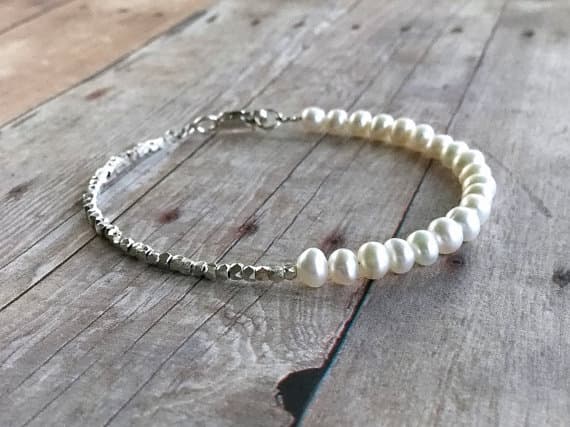 925 sterling silver Dainty Slave Loose 4mm White Modern Pearl stacking Bracelet Round, Smooth 18cm for mens, womens, gf, bf and adults.