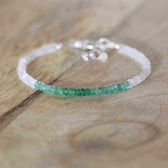 925 sterling Silver Super sale 3.5mm stacking Green Emerald & Rainbow Moonstone Bracelet Rondelle, Faceted 7" for mens, womens, gf, bf & Adult.
