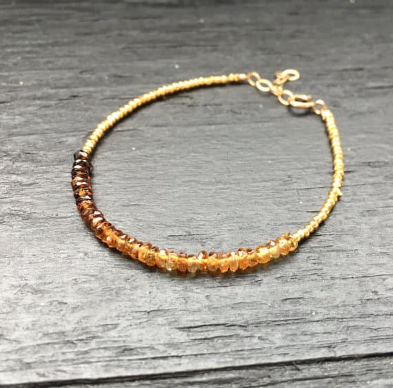 24k gold Plated good luck gift Gold Helling 2-2.5mm stacking Orange Ombre Cognac Sapphire Bracelet Rondelle, Faceted 7" for mens, womens, gf, bf & Adult.