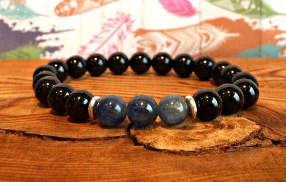 Galaxy Jewelry 8mm Stretchable black & Blue Black Tourmaline & Blue Kyanite Bracelet Round, Smooth 7" for mens, womens, gf, bf & Adult.