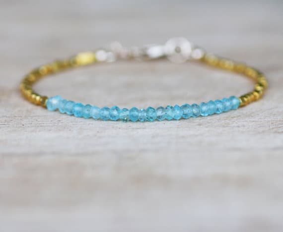 24k gold Plated memorial gift Gold HELLING 3mm stacking Blue Natural Ocean Green Apatite Bracelet Rondelle, Faceted 7" for mens, womens, gf, bf & Adult.