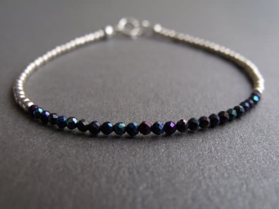 Mystic Midnight Black Spinel Gemstone with Sterling Silver Round Beads Dainty Stacking Bracelet 2-3mm  Code- WAR6510