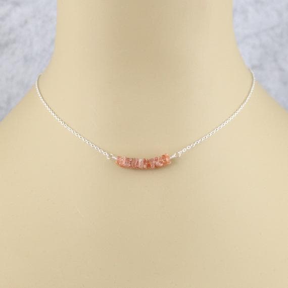 925 sterling Silver good luck gift 4-4.5mm stacking Orange Sunstone Heishi Necklace Square, Faceted 16" for mens, womens, gf, bf & Adult.