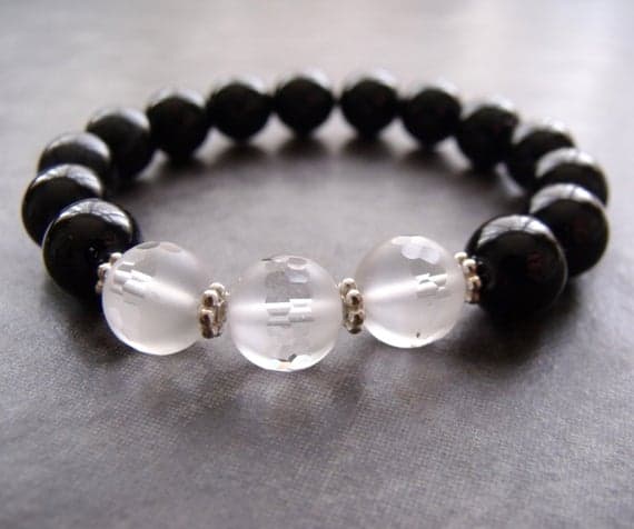 Black Agate and Frosted Faceted White Quartz Hill Tribe Silver Chunky Stretch Bracelet 10mm  Code- WAR6491